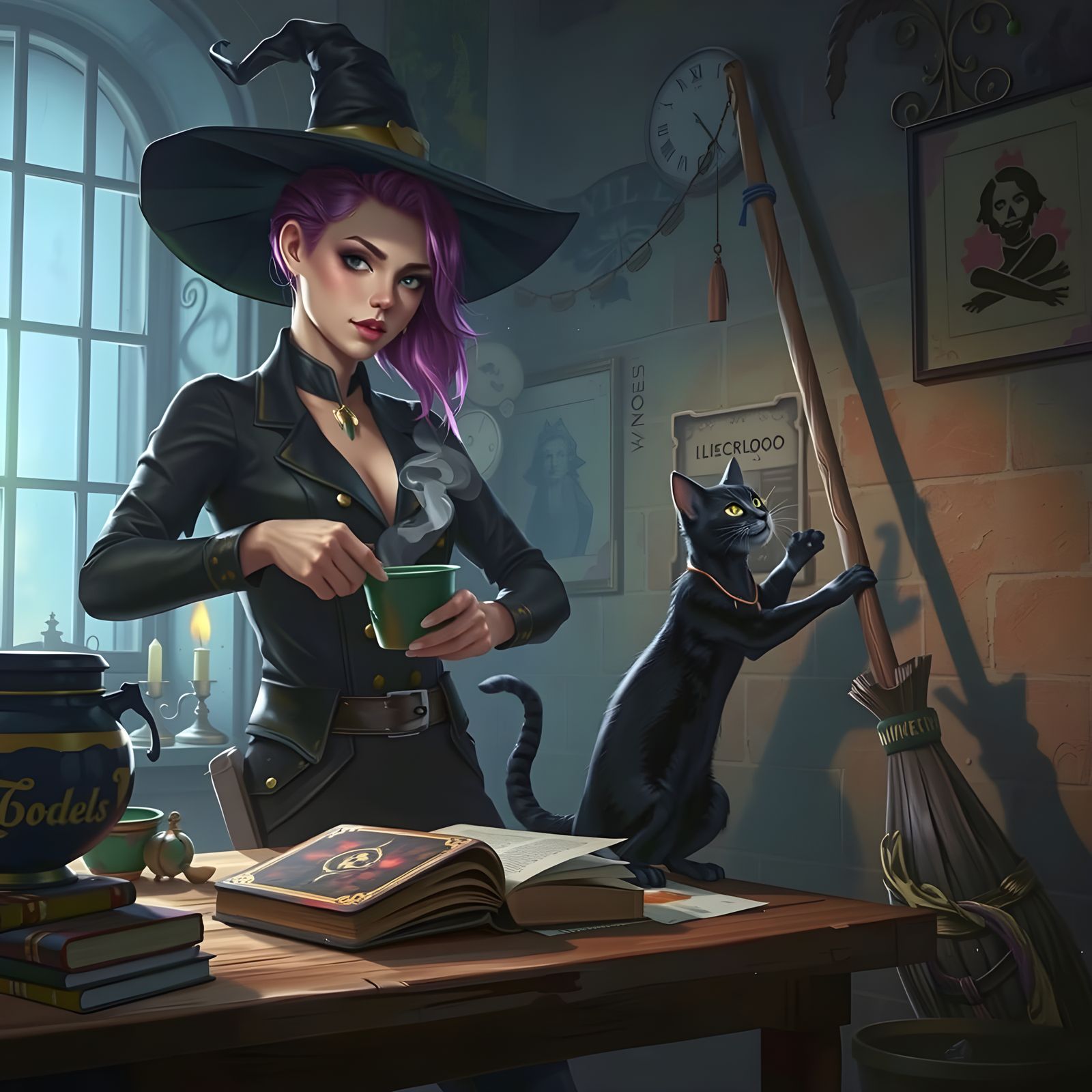 Modern witch with void cat  by @Latro