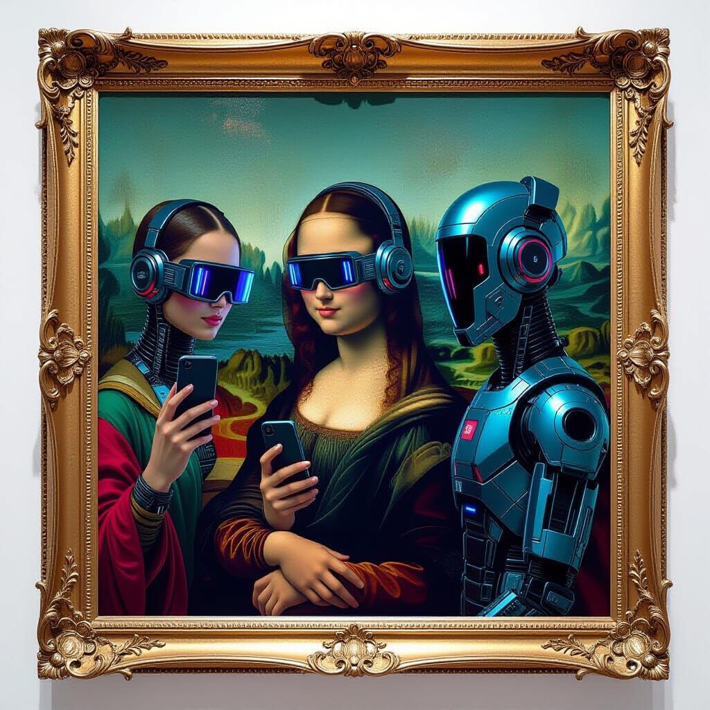 Digital painting. A close-up shot of a Renaissance painting, but the subjects are using futuristic smartphones and wearing cyberpunk clothin...