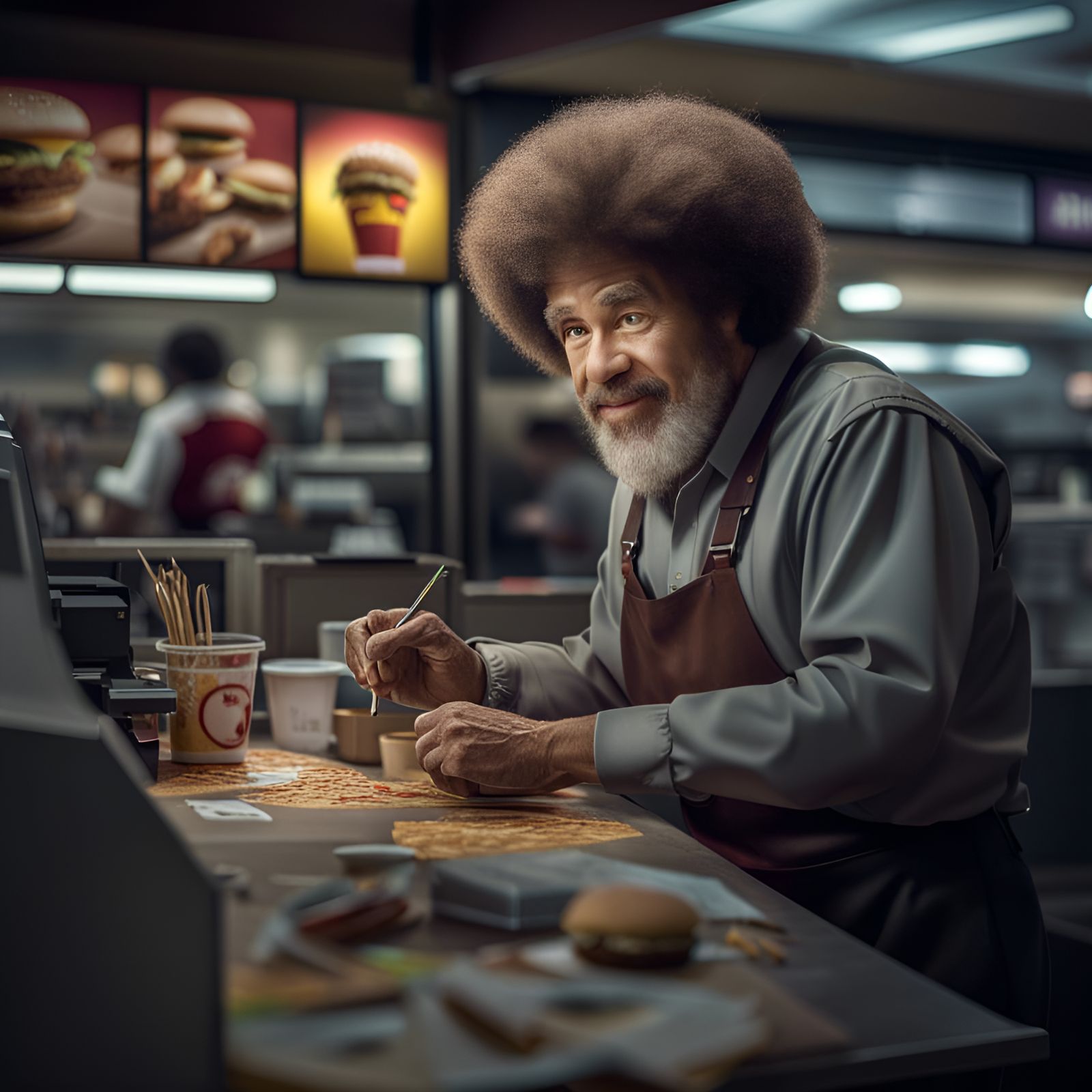 Bob Ross working at McDonald’s   by @good_2_go