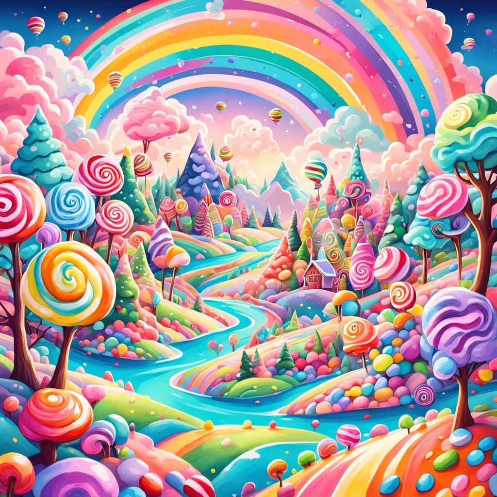 Plane Flies Over Candy Wonderland in Gouache Style