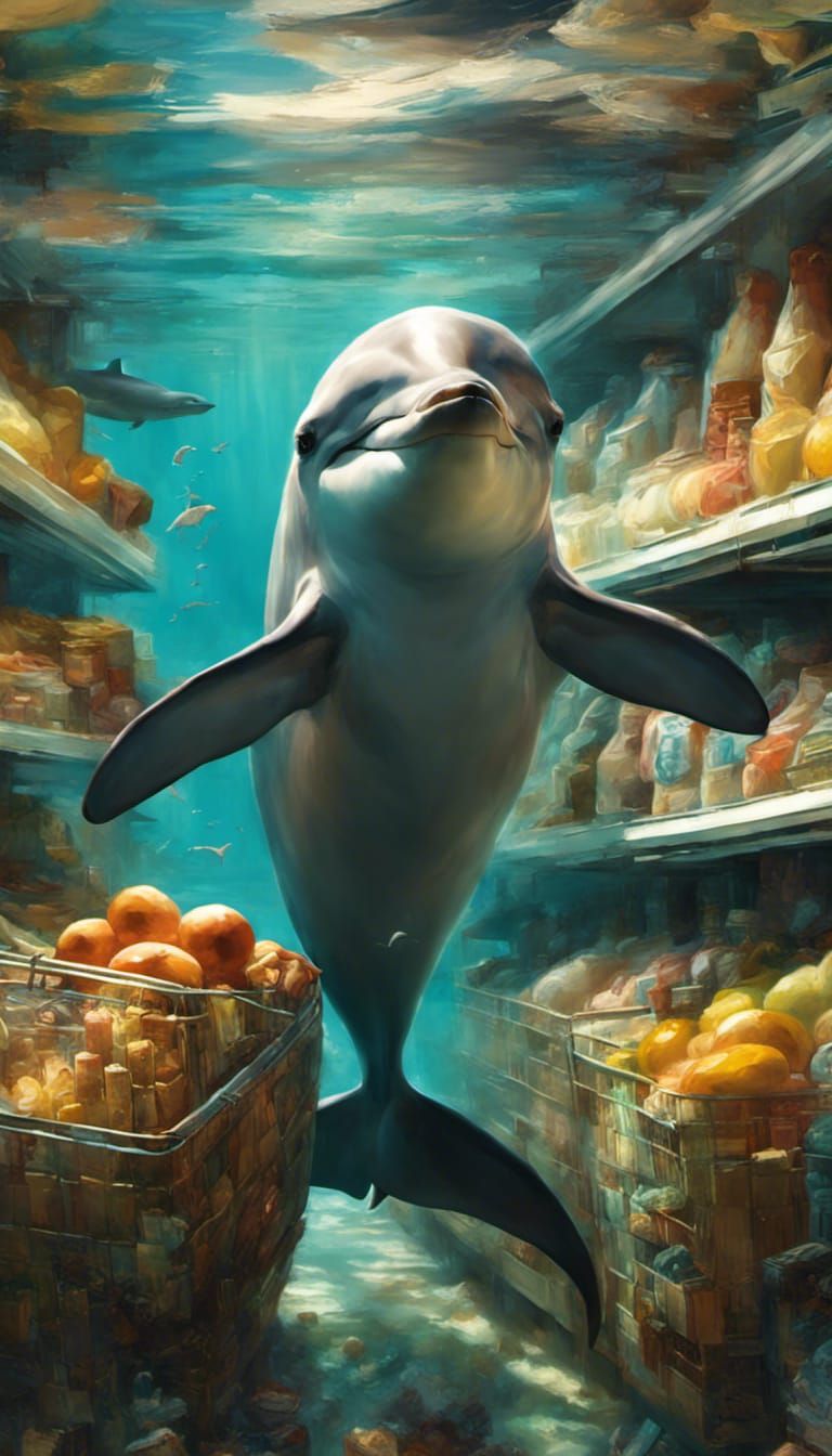 Anthropomorphic Dolphin at Underwater Grocery, 3D Render