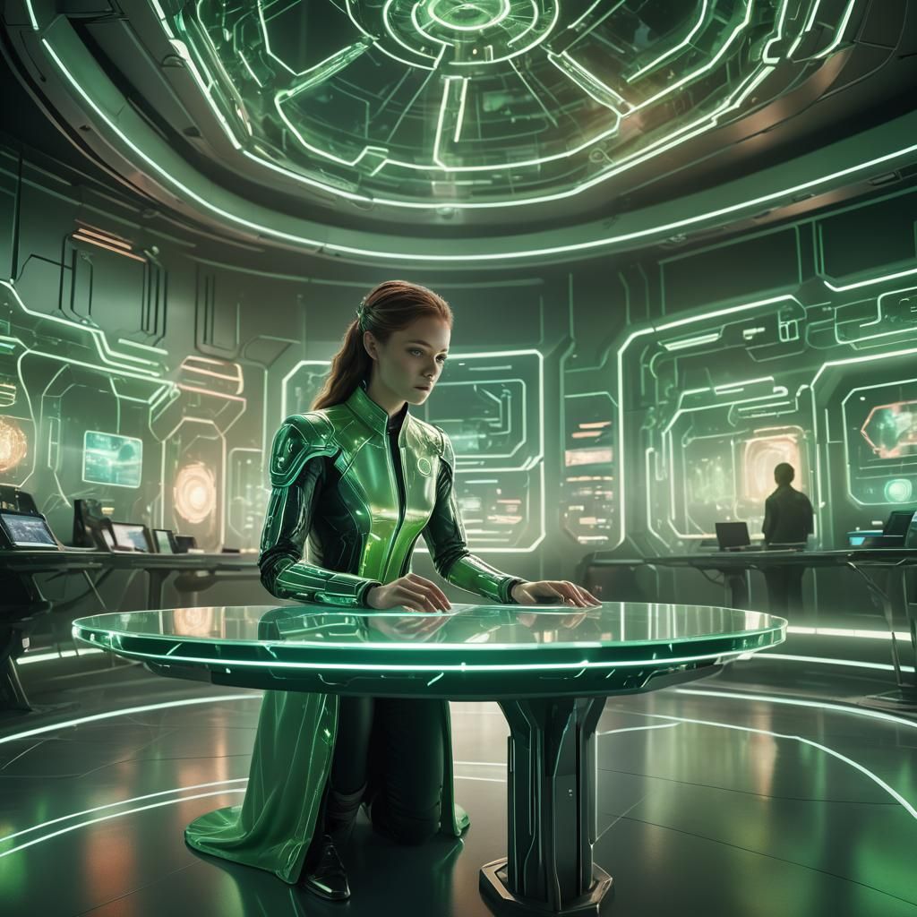 futuristic table with hologram color light green that shows ...