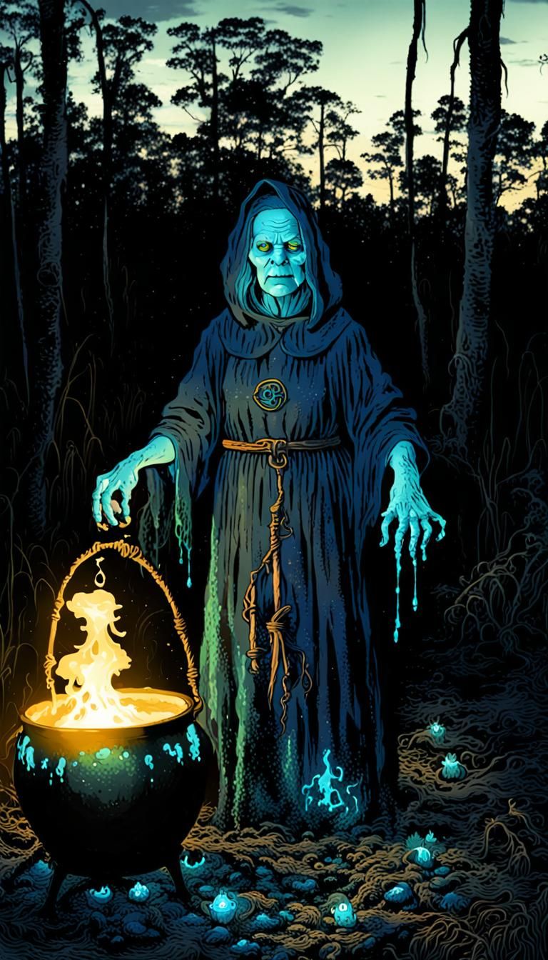 Grotesque hag witch with cauldron Bioluminescent in dark swa...