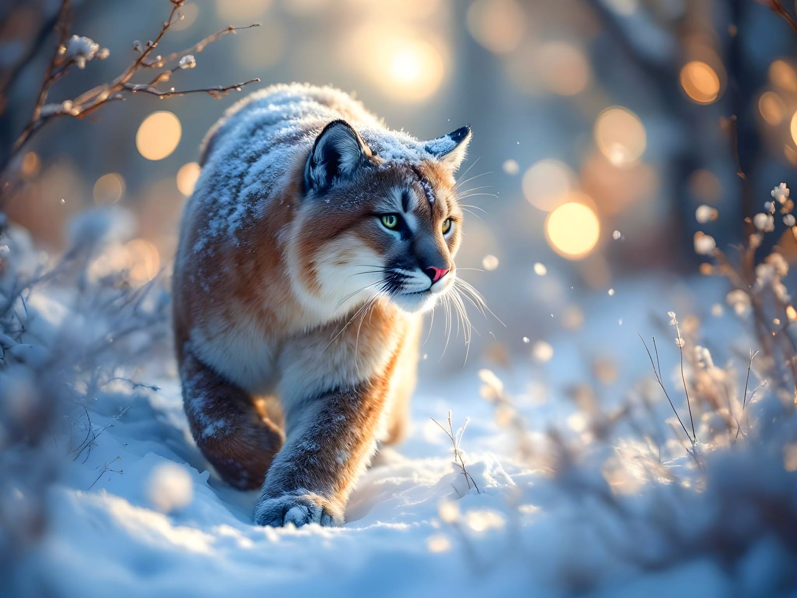 Snowy Cougar in Ethereal Winter Landscape