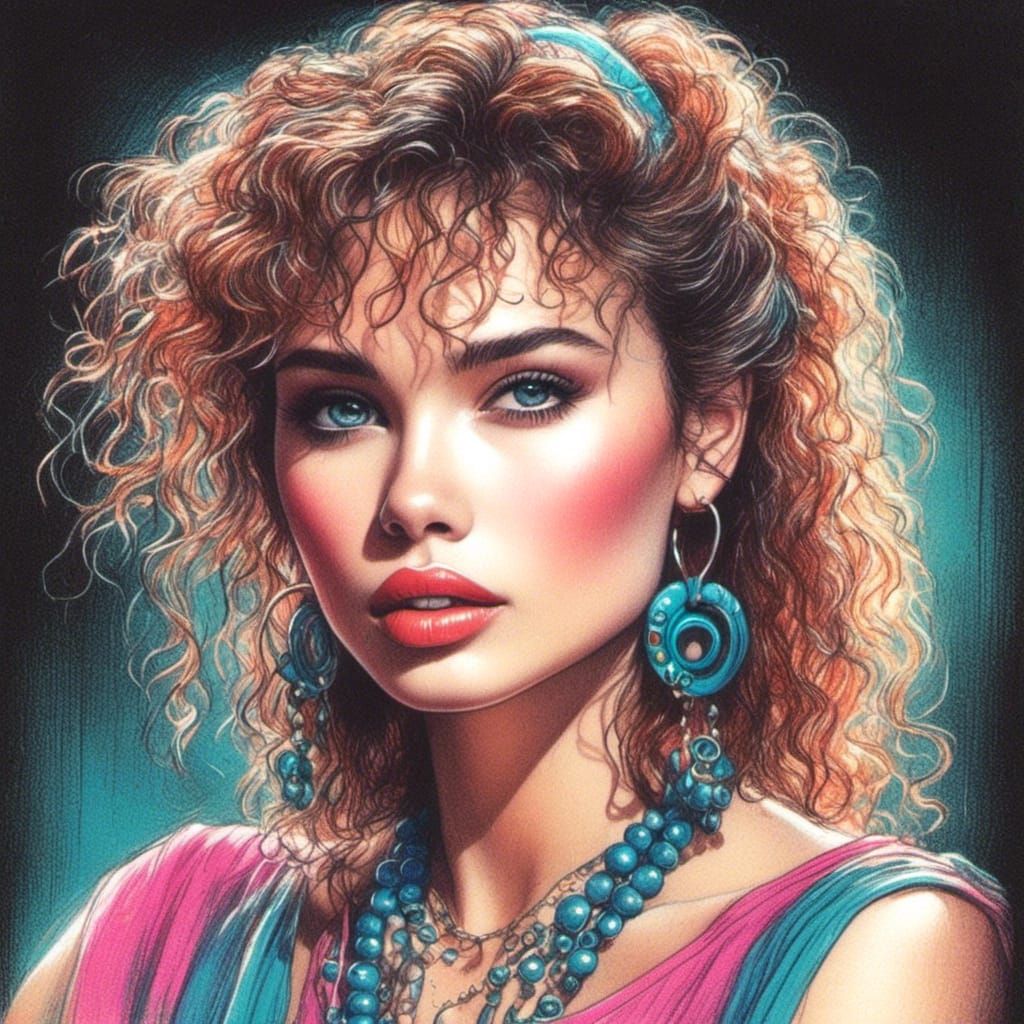<lora:Pencils and crayons:1.0> (Pencils and coloured crayon) beautiful bright 80s woman with hoop earrings. Captivating 