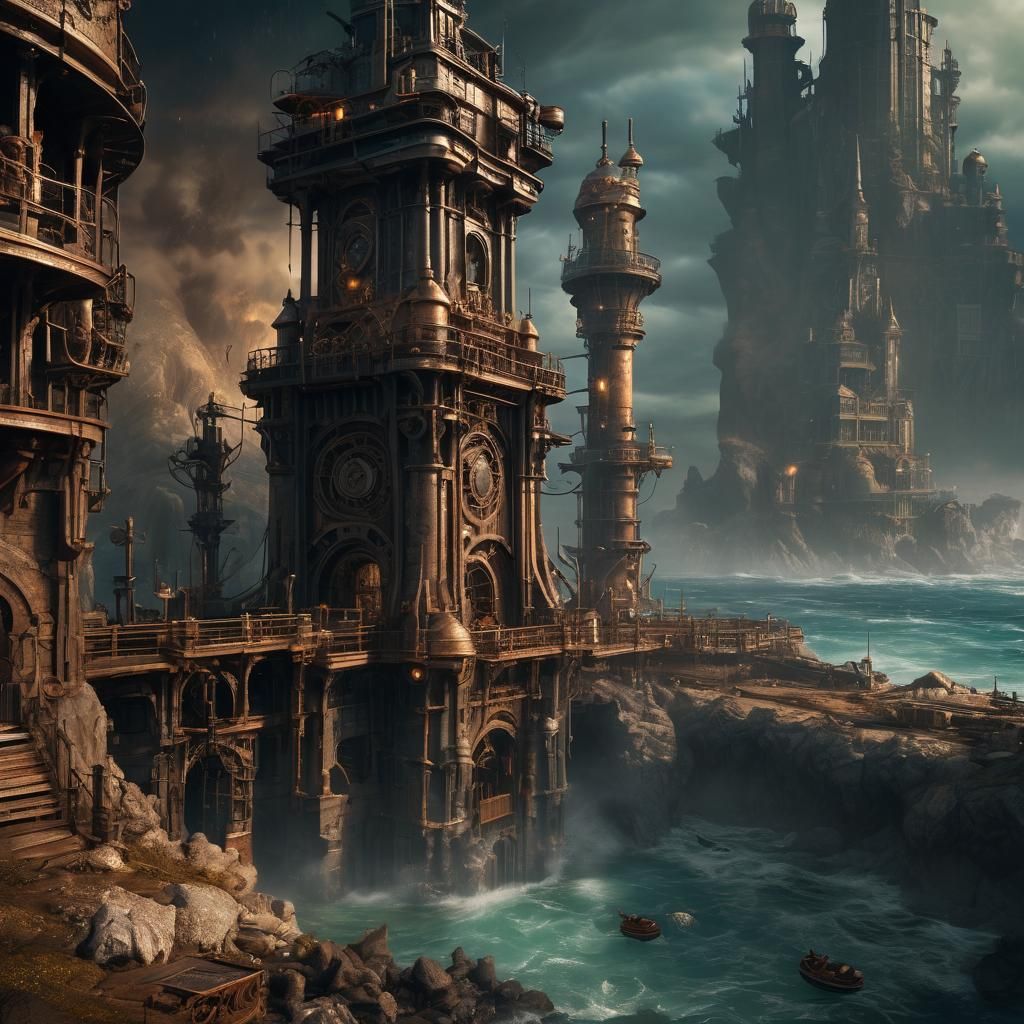 Giant steampunk tower on sea floor