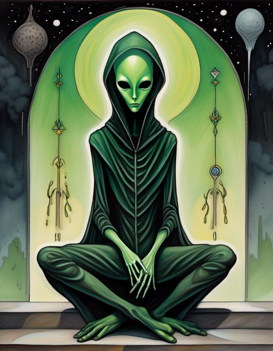 a painting of a green alien sitting on a ledge, tarot card layout, androgynous person, dark hooded wraith, painting, anonymous mask, puṣkara...
