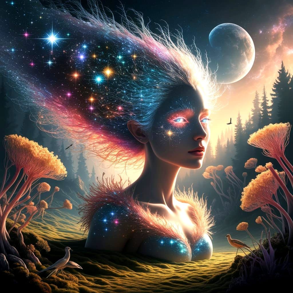 A majestic, ghostly woman's face made of pure starlight and eyes like distant galaxies in a forest of giant, glowing plants. The woman's hai...