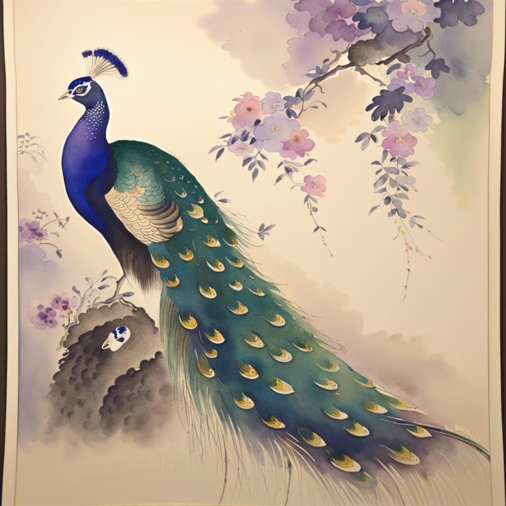 A beautiful peacocks Japanese WATERCOLOR , signed in Japanes...