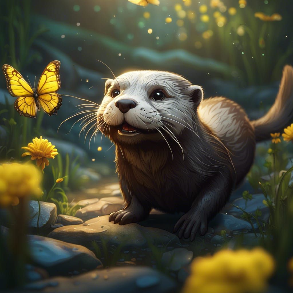 Cute little happy otter chasing a yellow butterfly - AI Generated ...