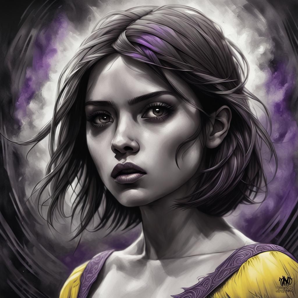 black and white, yellow and purple, charcoal drawing, highly...