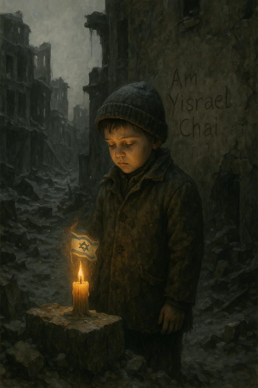 נער ברקע חורבות לאחר השואה