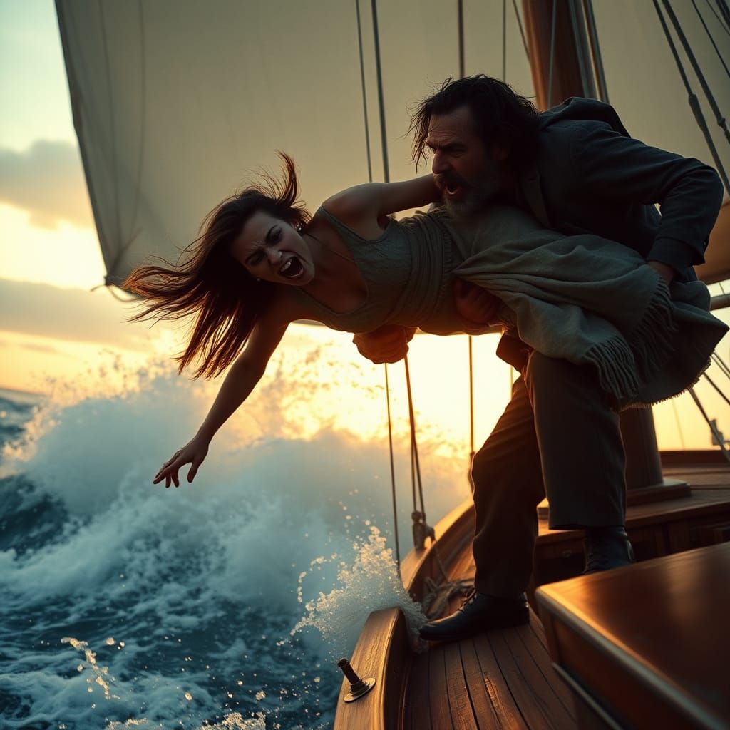 A man pushing a woman overboard at sea