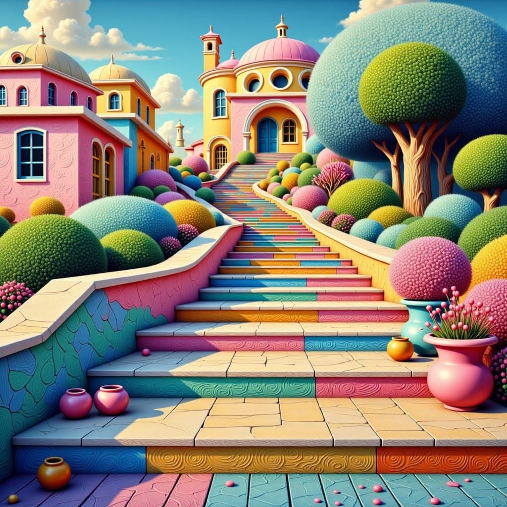 Dreamlike Stairs in Encaustic Impasto Style