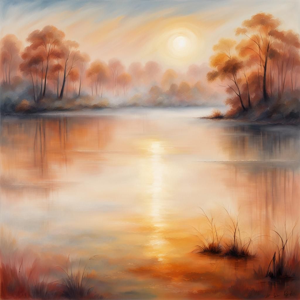 Ethereal dawn landscape at red copper sunset of a misty lake