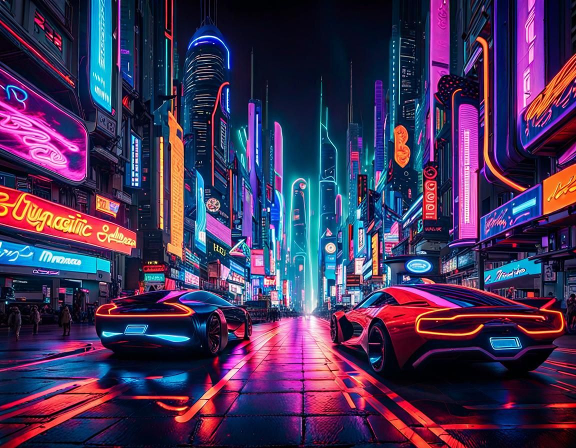 In the heart of a dazzling futuristic city, the night comes alive with a mesmerizing display of neon ...  by @Angry Banana