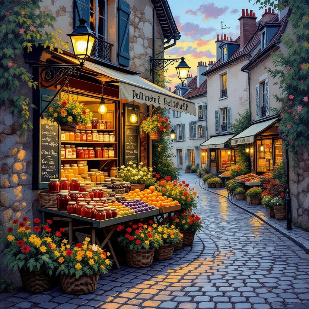 A quaint, vintage Parisian-style farm stand set up on a cobblestone street at twilight. Jars of preserves ...  by @Bushra