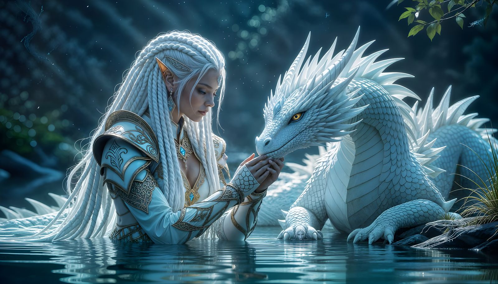 A Warrior elf princess with white dreadlocks gently strokes A Crystal white dragon beside a serene pond. ...  by @Mia