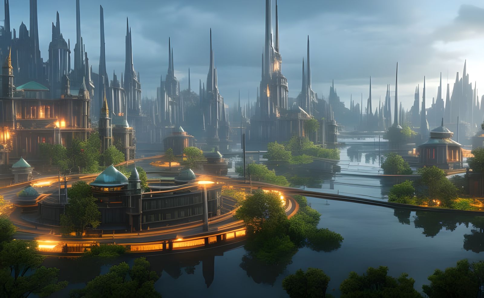 Big utopia city ,magic arp,greenery ,water,sky,people,city,y, digital art, unreal engine 5