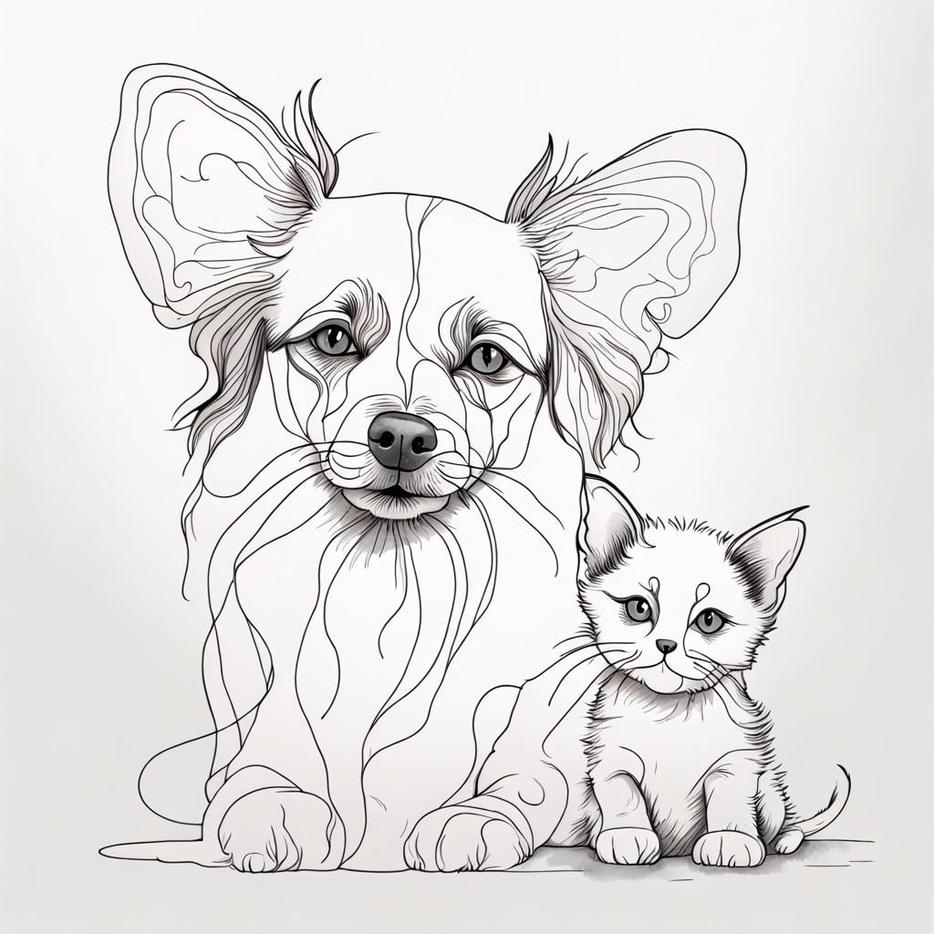  Line Art  - Papillon Dog & little Cat  by @AndersArt