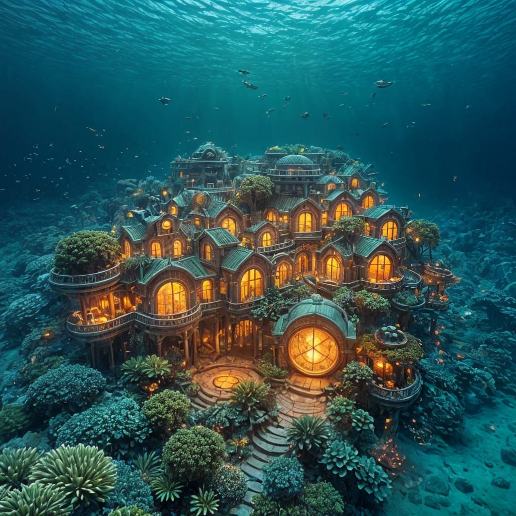 An organic-looking glowing underwater neighborhood built into coral reefs   by @Shebali