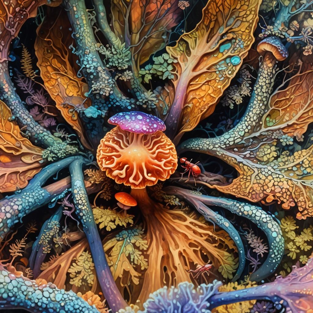 Surrealist Father Christmas Psychedelic puffin bird with deer antlers on their head lots of snowflakes falling around it