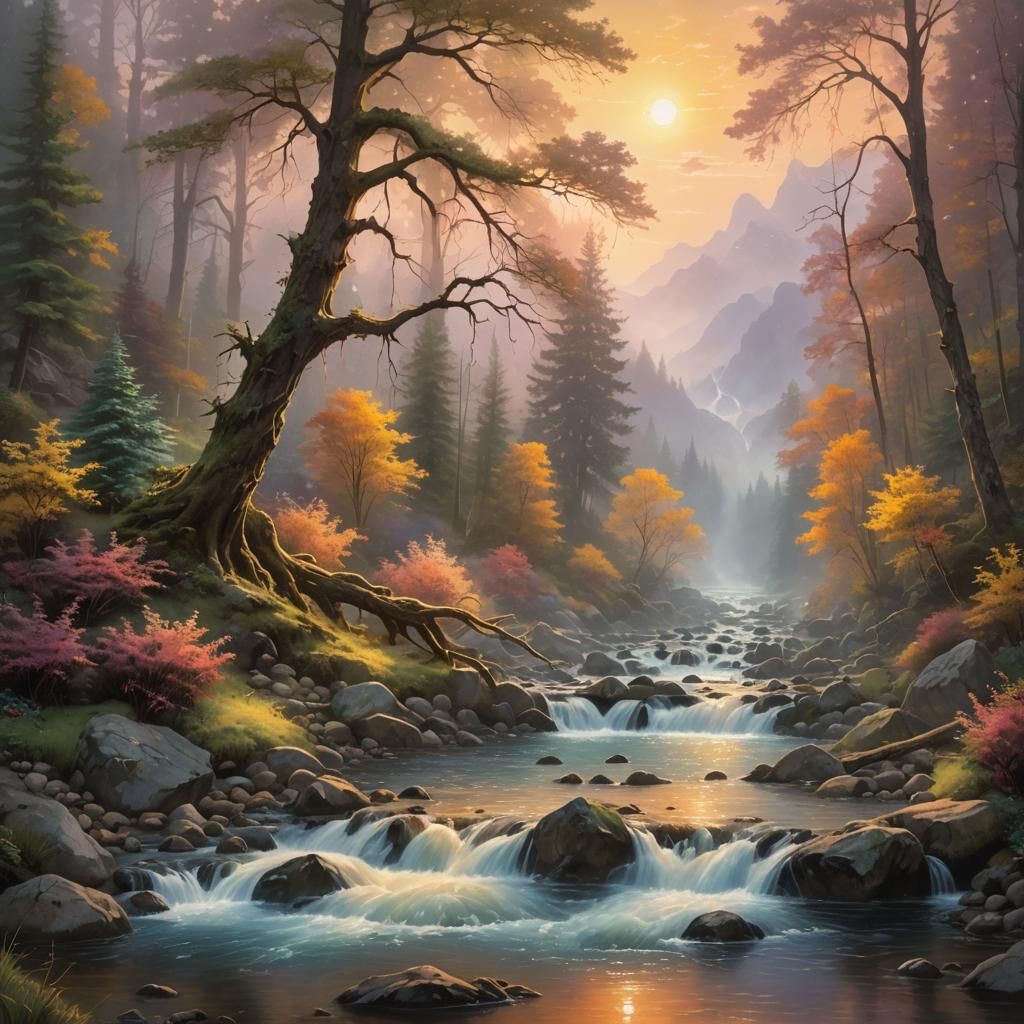 cascading mountain stream at sunset  by @undefined