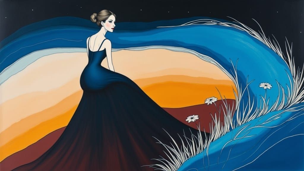 Minimalist Yellow Princess in Indigo Field Drawing