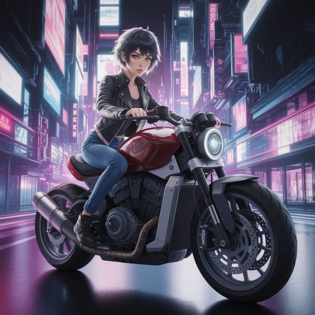 Anime Woman Rides Futuristic Motorcycle in Neon Cyberpunk Ci...