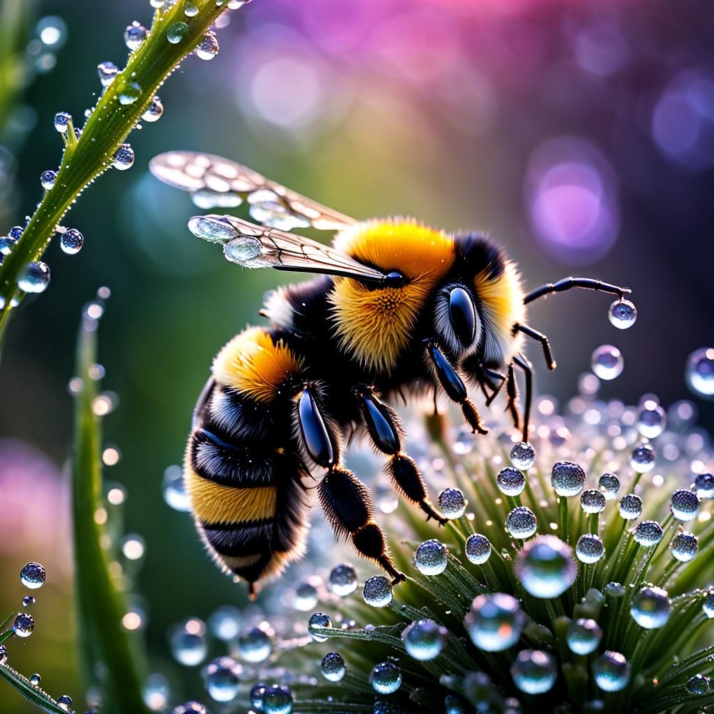Bumble bee drinking from the dew drops  by @Mairi
