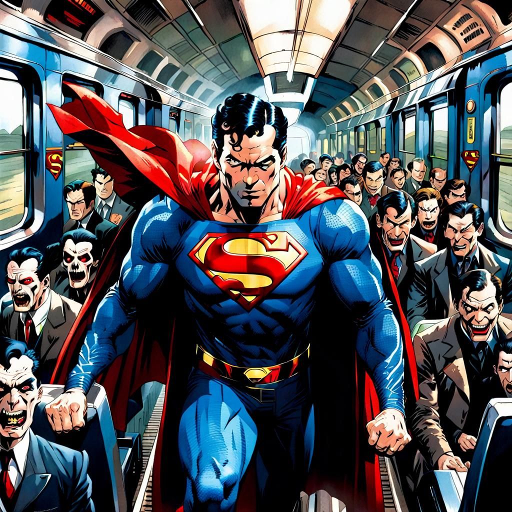 Superman riding on a train full of vampires!