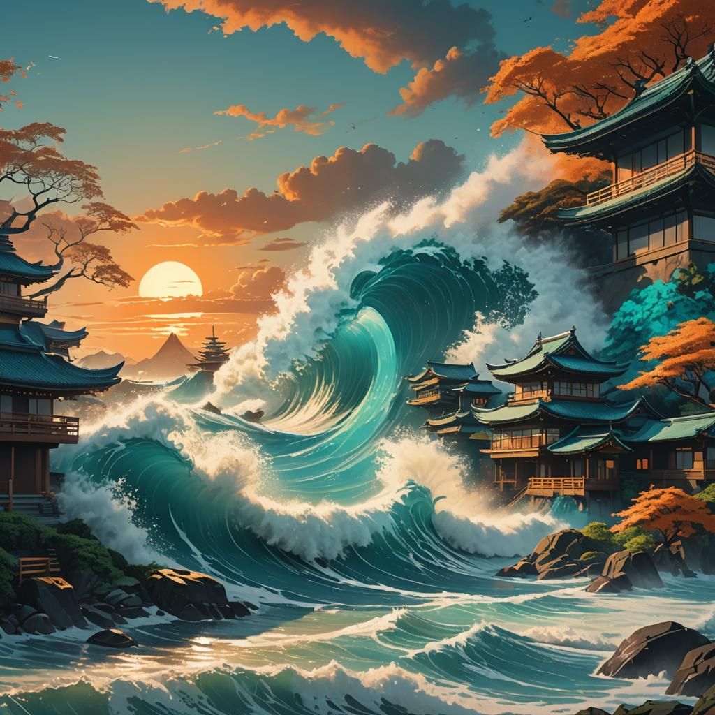 Giant Wave Crashes Over Japan: Syd Mead Style