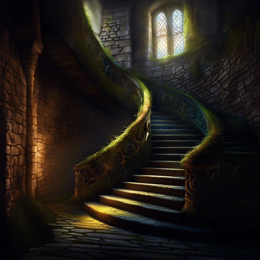 an ancient, spiral, stone staircase illuminated by a single beam of light