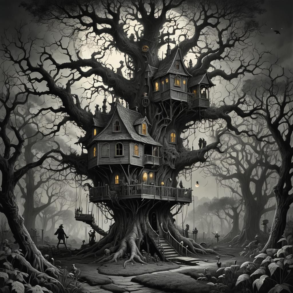 Surreal Gothic Treehouse in Night Garden