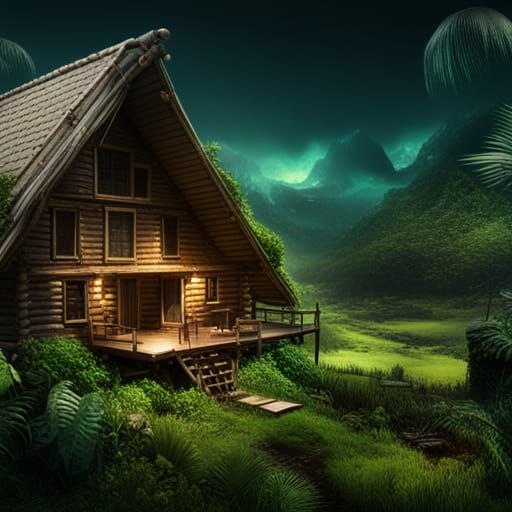 log cabin in jungle