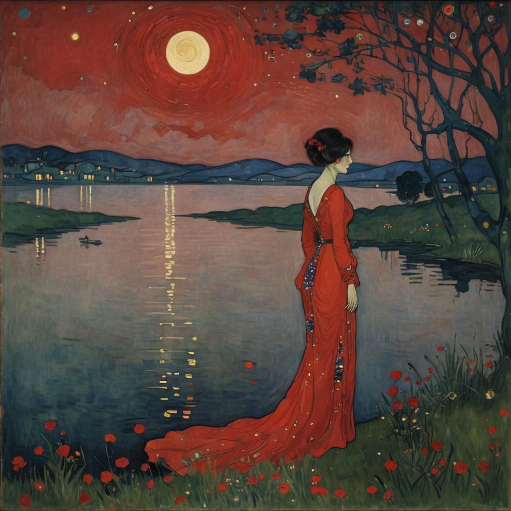 Lady in red standing by a lake at midnight