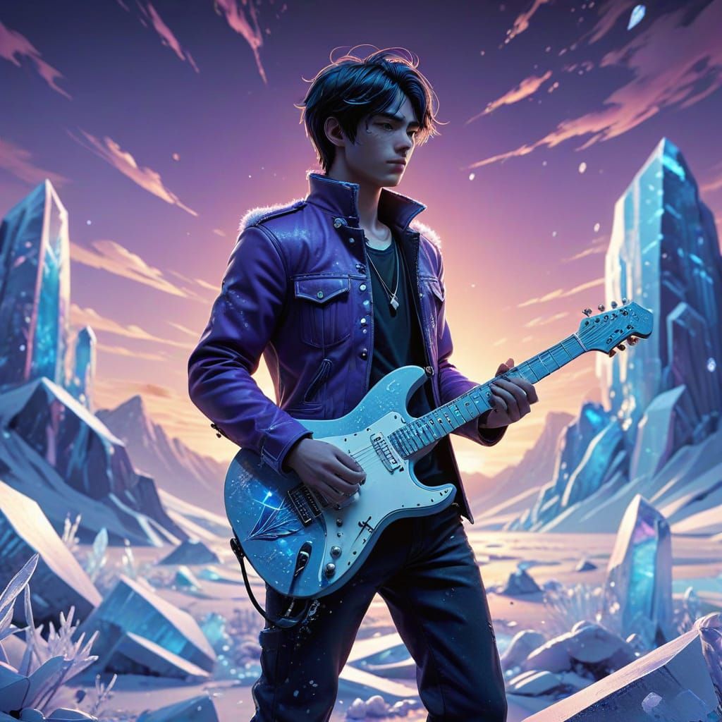 Handsome Guitarist Shines in Icy Anime Landscape