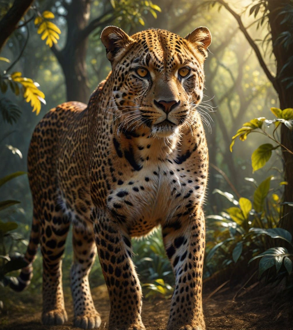 A powerful leopard standing in full majesty, muscular body with distinctive golden-yellow coat covered in dark rosette spots, intense amber ...