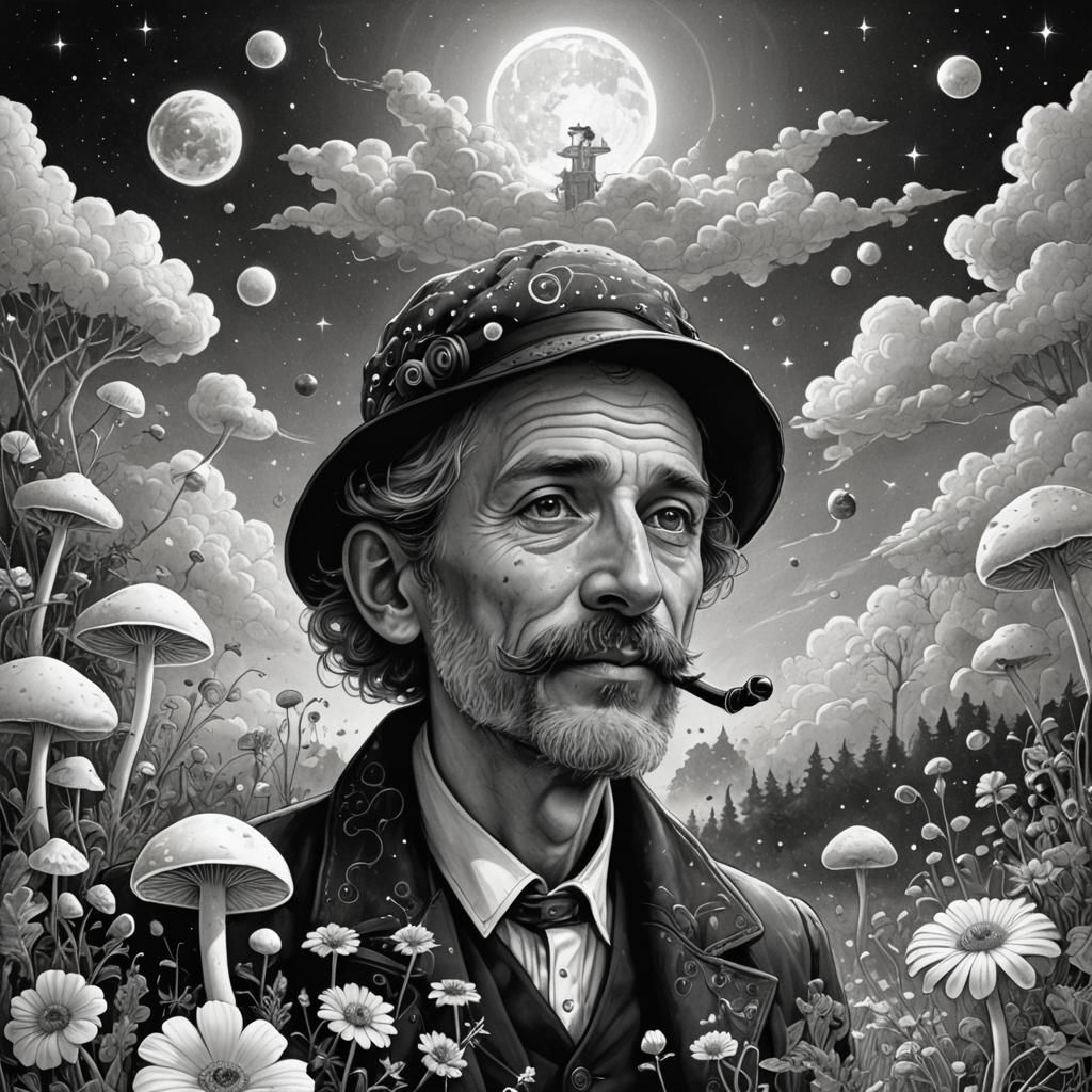 A black and white fineliner drawing. Black stars. Starry. A silly mushroom smoking a pipe floating in the sky. Around hi...