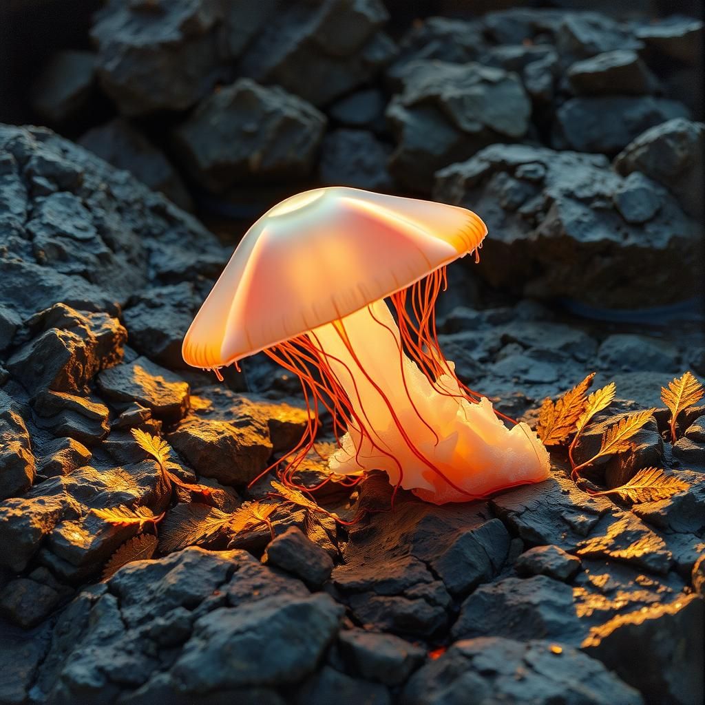 Gorgon jellyfish on a rocky seashore
