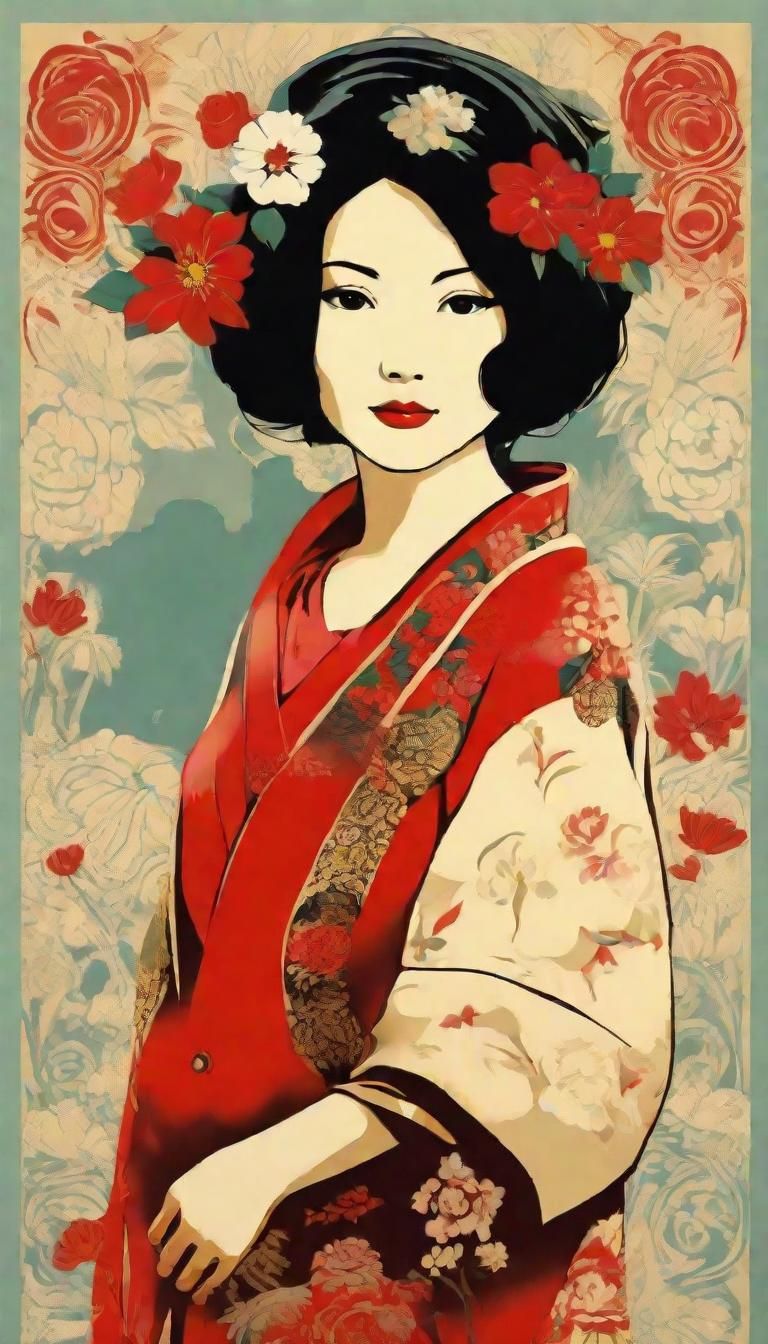  woman in style of Shepherd Fairey, Studio Ghibli