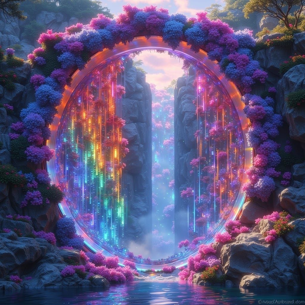 <lora:MJ6-1 Portals:1.0> Rainbow Bridge: A colorful, arcing bridge made of light that leads to a magical, vibrant world, by artist Sylvain S...