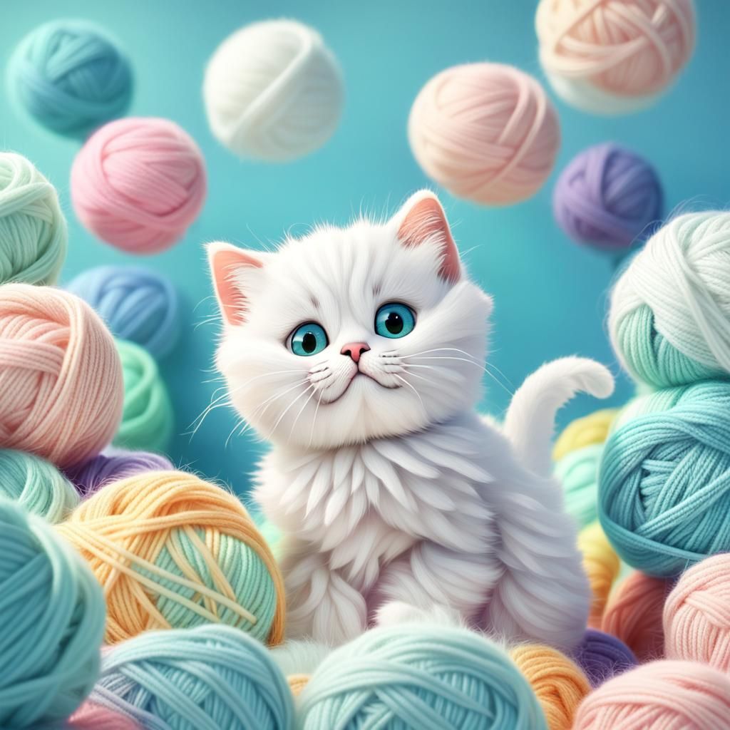 Kitten Hidden in Yarn Balls: Pixar-Style 3D Animation