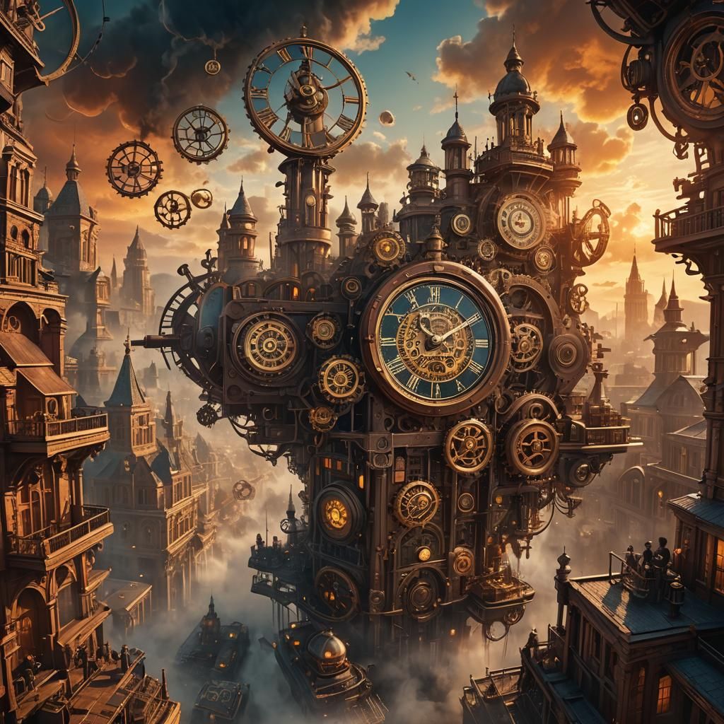Steampunk Clockwork Metropolis in Golden Sunset Hues