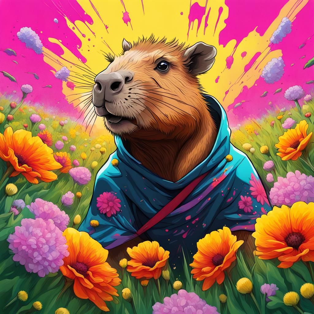 cyborg capybara wearing cape and fighting in a field of flowers - AI ...