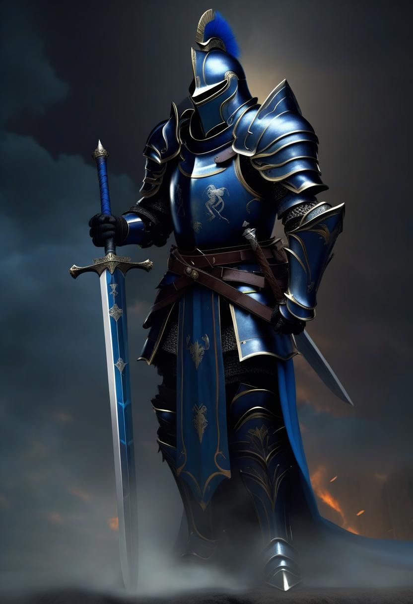 Full armor Knight with a black and blue robe whielding a lon...