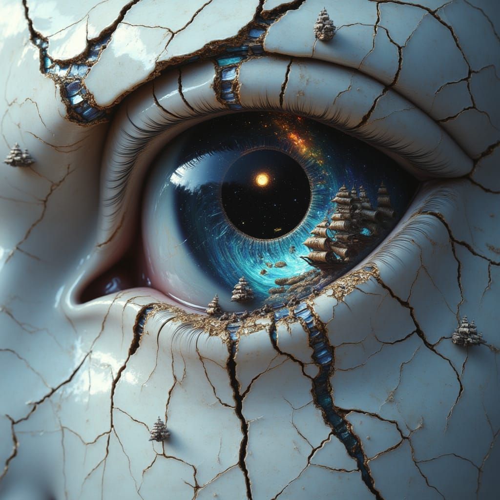 <lora:Fractured Gaze:1.0> A close-up portrait of an hollow gaze, the porcelain skin is made out of crumbling statues with elements of stain...