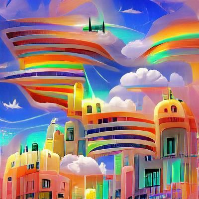 beautiful colorful art deco rainbow city in the sky