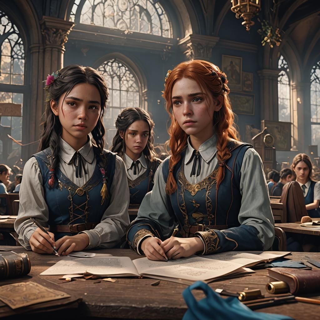 Three girls and the last is sad in a class at school