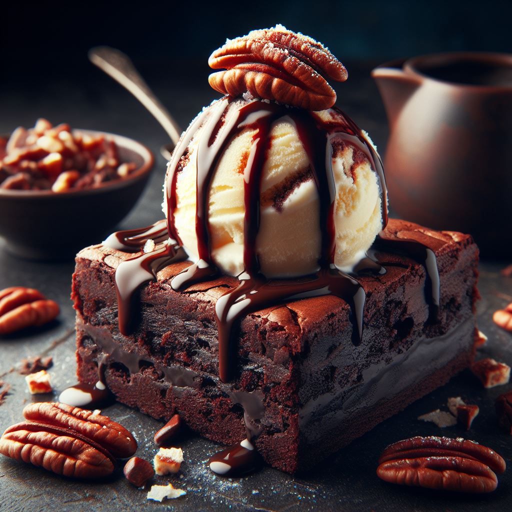 chocolate brownie topped with vanilla ice cream